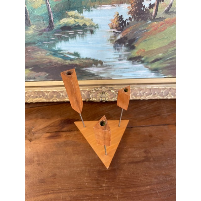 Mid-Century Modern Possibly Teak and Twisted Metal Triple Candle Holder With Geometric Base For Sale - Image 4 of 10