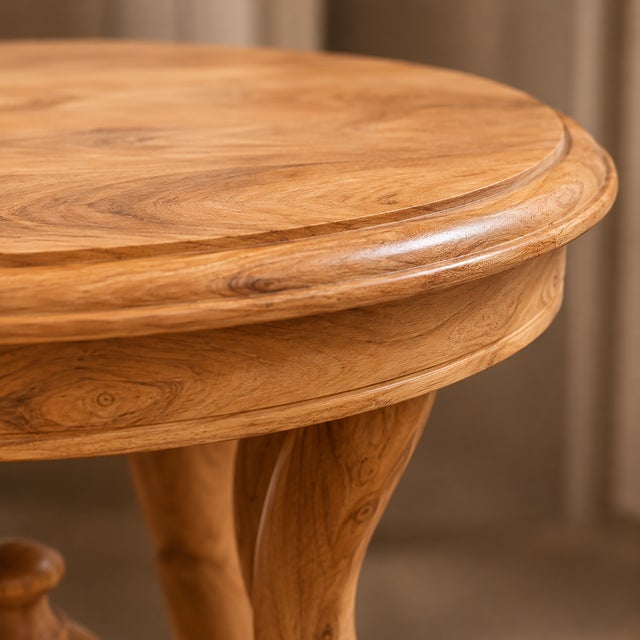 Solid Wood Carved Round Side Table, Handcrafted Vintage Accent Lamp Table For Sale - Image 9 of 10