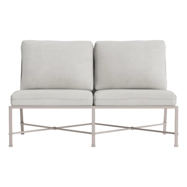 Brown Jordan Venetian Armless Loveseat, Dove frame with Fusion Dove fabric For Sale