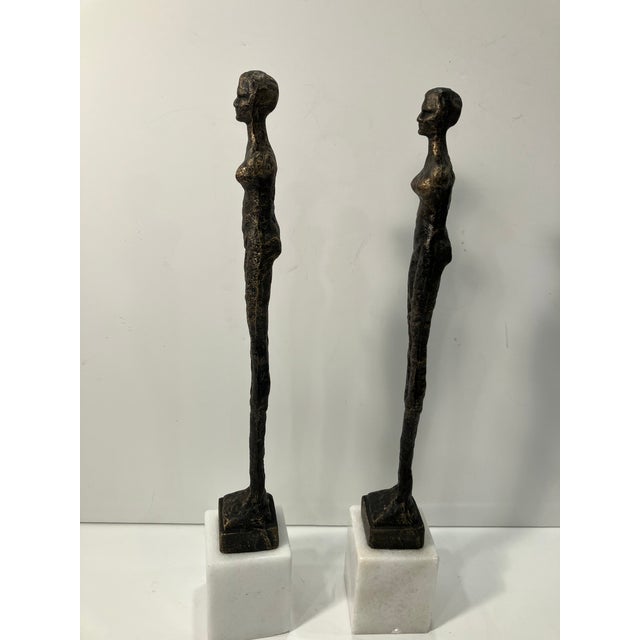 Stone Vintage Pair of Iron Giacometti Inspired Figures on Marble For Sale - Image 7 of 7
