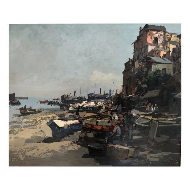 Ezelino Briante, Port de pêche animé, Oil on Wood, Framed For Sale