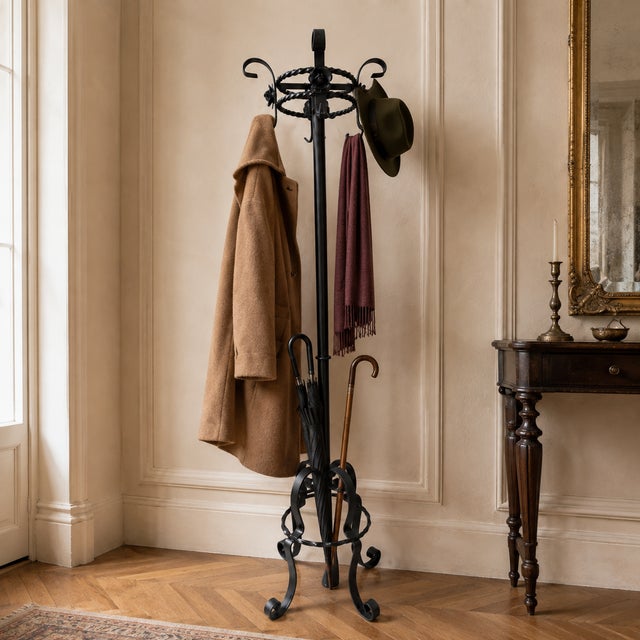 Art Deco 1920s French Art Deco Wrought Iron Hall Tree Hat Coat & Cane Umbrella Stand For Sale - Image 3 of 11