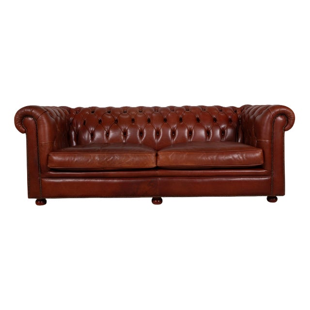 Vintage Chesterfield Leather Three-Seater Brown Sofa For Sale