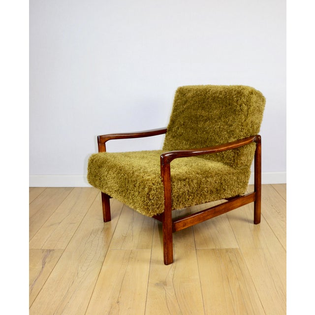 Wood Vintage Wooden Armchair with Khaki Long Hair Upholstery by Z. Bączyk, 1970s For Sale - Image 7 of 13
