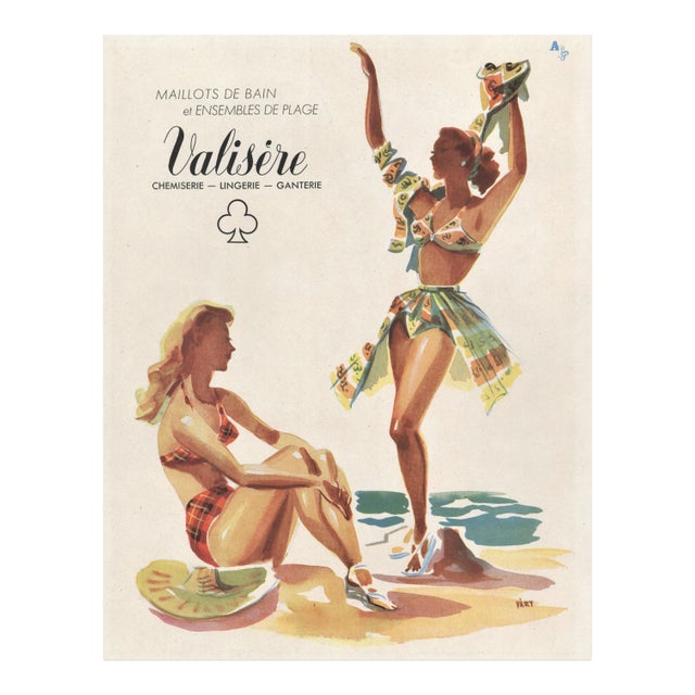 1947 Mid-Century French Fashion Advertisement Print-Summer Beach Wear For Sale