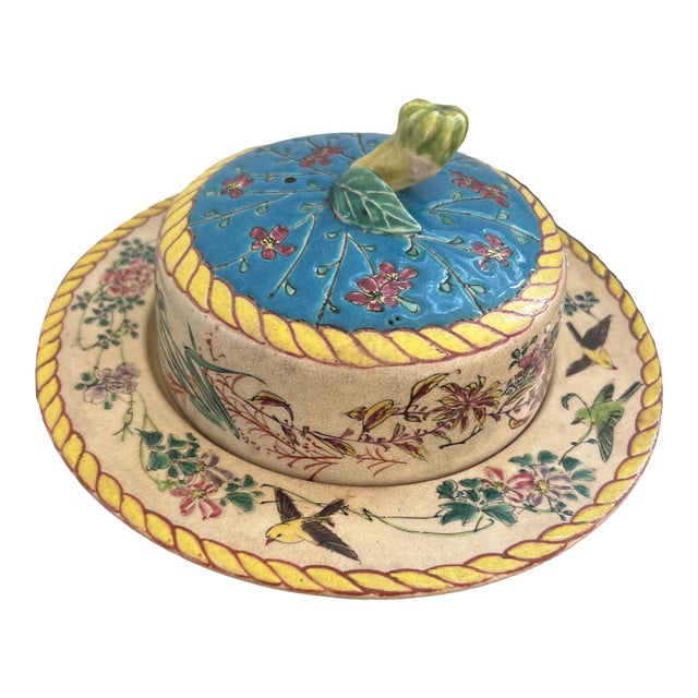 Antique Signed Chinese Export Majolica Butter Cheese Dome For Sale