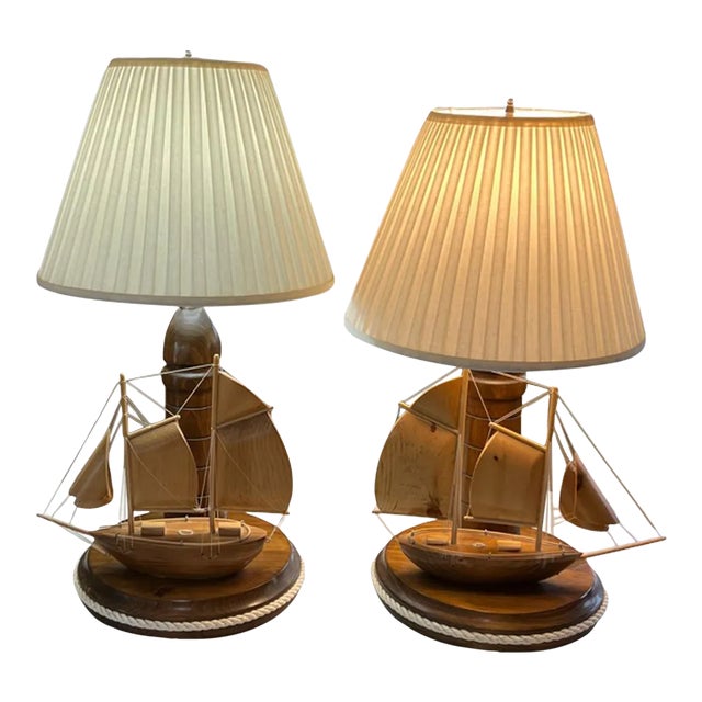 1970s Wood Sailboat & Lighthouse Lamps - A Pair For Sale