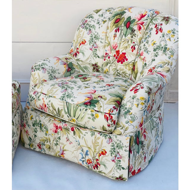 Shabby Chic George Smith Attr. Floral Swivel 2 Armchairs and Ottoman For Sale - Image 3 of 11