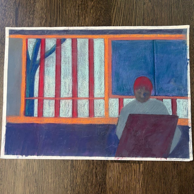 Original pastel drawing featuring a graphically drawn scene and artist. Bright cobalt blue, reds and orange are featured....
