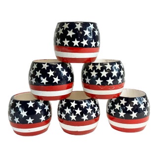 Vintage Americana Arts & Crafts Boho Chic Painted Wood Flag Motif Napkin Rings - Set of 6 - 4th of July For Sale