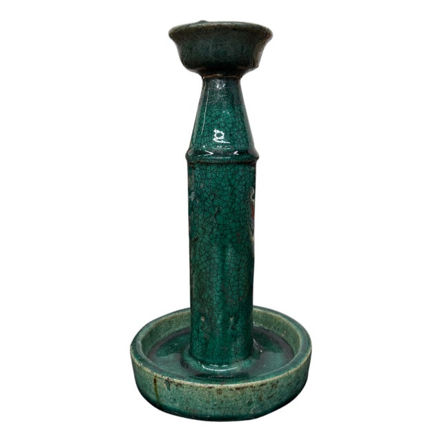 Green Glazed Ceramic Candle Holders in Varying Shades For Sale