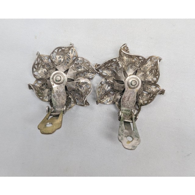 Silver Vintage 1950s Signed Napier Silvertone Filigree Faux-Amethyst Flower Clip Earrings- 2 Pieces For Sale - Image 8 of 8