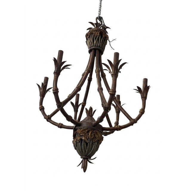 Vintage Bespoke “The Philippe” a Palm Beach mRegency Parcel Hand Gilt Tole Faux Bamboo Six Arm Chandelier - Newly Painted For Sale - Image 13 of 13
