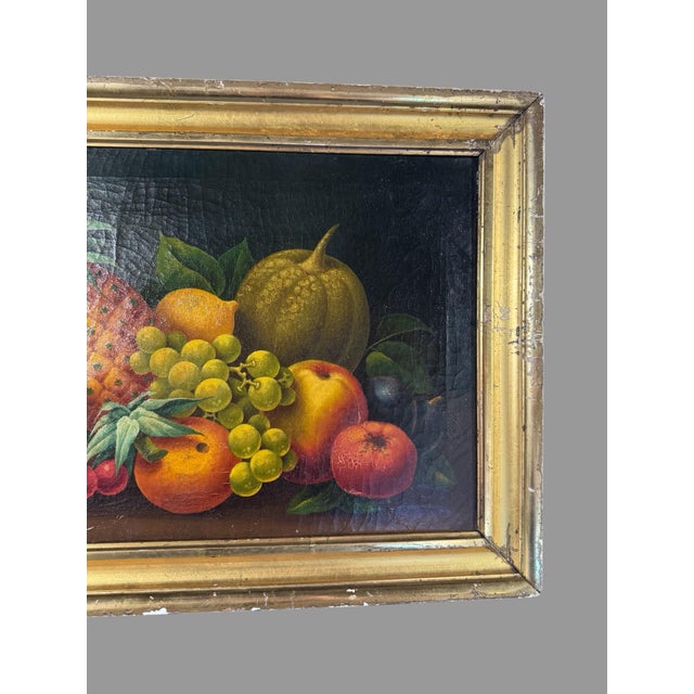 Primitive Antique Country Gilt Framed Still Life Oil Painting Canvas W Pineapple For Sale - Image 9 of 12
