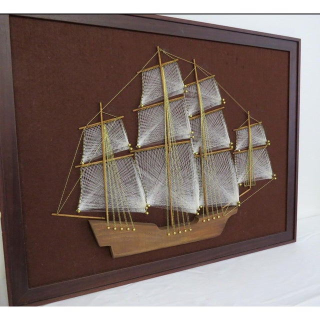 Large 1970s Mid-Century Modern Nautical String Art Galleon in Professional Gallery Frame This striking large-scale work of...