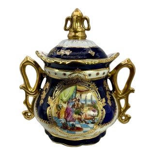 Late 20th Century French Sèvres Style Cobalt Blue & Gilt Porcelain Lidded Decorative Urn For Sale