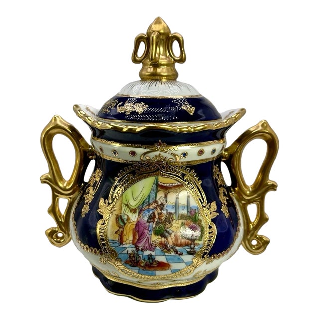 Late 20th Century French Sèvres Style Cobalt Blue & Gilt Porcelain Lidded Decorative Urn For Sale