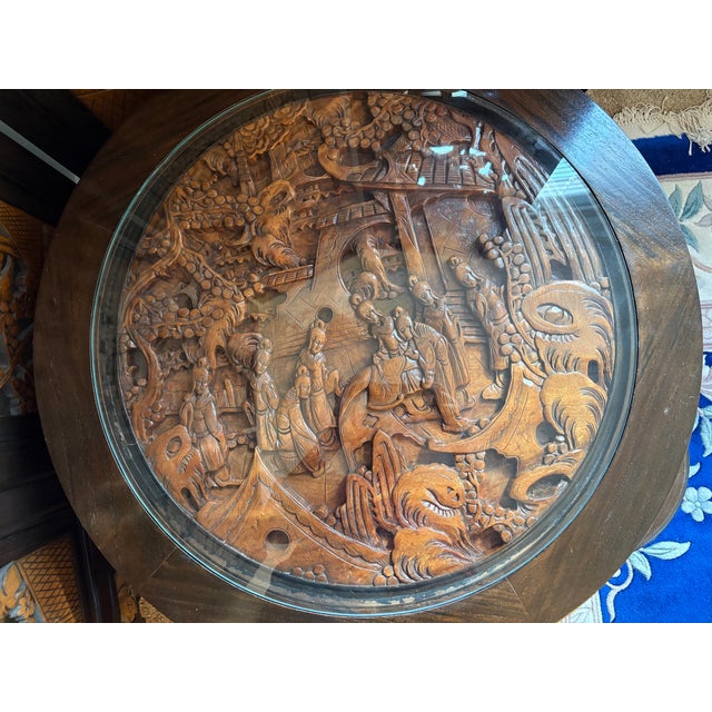 Mid-20th Century Hand-Carved Chinese Low Tea Table Set With 4 Nesting Stools & Matching Folding Screen - 6 Pieces For Sale In Portland, OR - Image 6 of 12