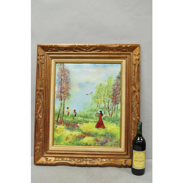 Vintage Louis Cardin Enamel on Copper Metal Painting in Carved Wood Frame "Woman with Boys and Kite". Circa Mid 20th...