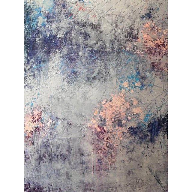 An evocative original abstract by artist Joan Jardine, this 30” x 30” oil on canvas embodies refined movement and layered...