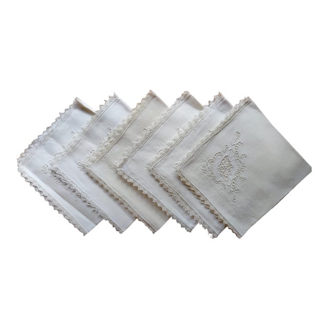 Vintage Venice Needle Lace Linen Dinner Napkins- Set of 6 For Sale