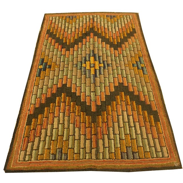 1880s Antique Multicolor Geometric Folk Art Knotted American Hooked Carpet Rug For Sale In New York - Image 6 of 6