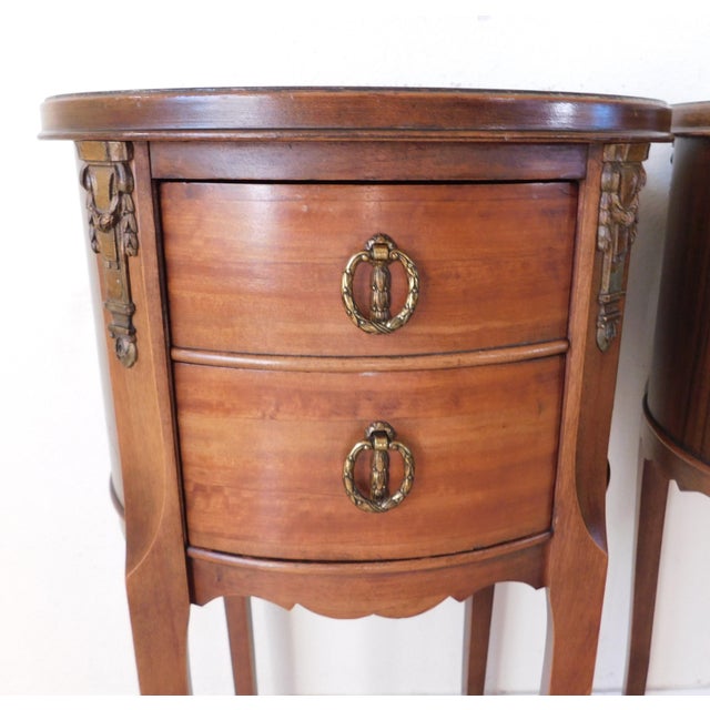 Brown Pair Vintage C1940s French Oval Brass & Wood Side/End Bedside Tables For Sale - Image 8 of 16