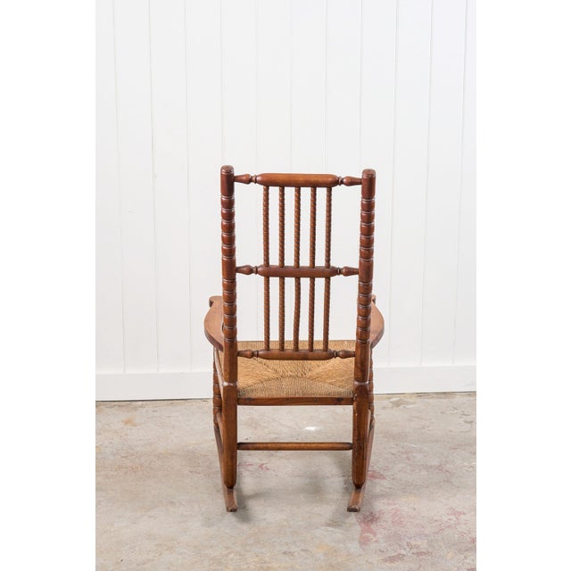 Antique English Bobbin Rocking Chair With Rush Seat For Sale - Image 4 of 10