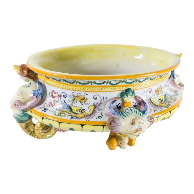 20th Century Italian Decorative Majolica Maiolica Faience Planter or Centerpiece Bowl For Sale