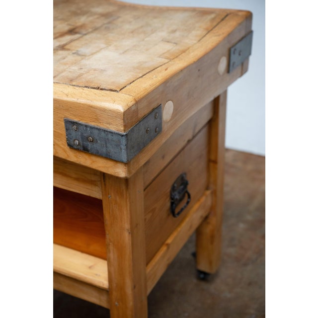 Tan Butcher's Chopping Block Table With Through Drawer on Casters From England For Sale - Image 8 of 9