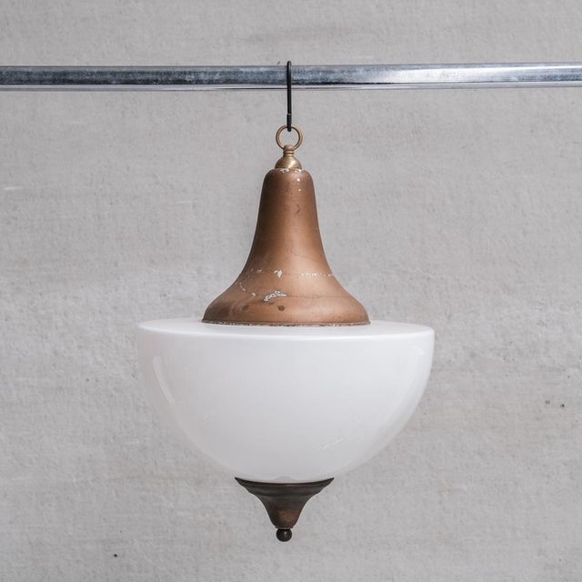Large Mid-Century French Metal and Opaline Glass Pendant Light, 1950s For Sale - Image 10 of 10