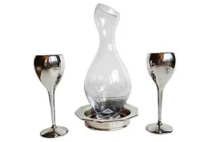 Vintage Silver & Glass Wine Serving Set of 4