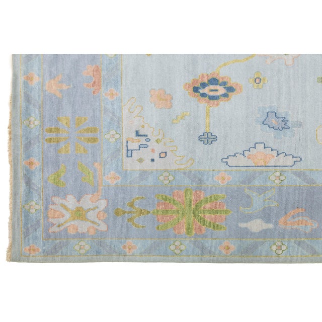 2020s Modern Oushak Style Hand-Knotted Wool Rug in Ice Blue, Blush & Sage For Sale - Image 5 of 12