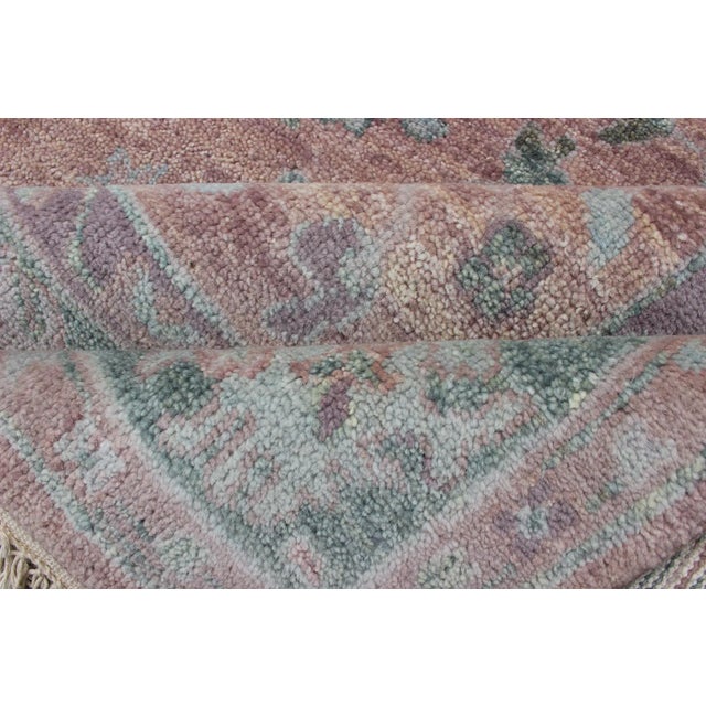 Square Oushak Design Rug in Light Green, Pink and Coral With All-Over Design For Sale - Image 9 of 11