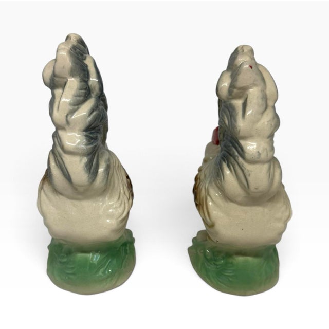 Mid 20th Century Vintage Hand-Painted Lusterware Ceramic Rooster Figurines From Brazil - A Pair For Sale - Image 5 of 12