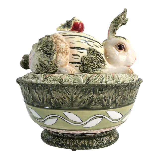 Vintage Cabbage Leaf Majolica Bunny Rabbit Soup Tureen Chairish