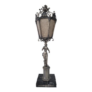 1900 Silver Plated Spanish Brass Statue Lamp With Mica Shade For Sale