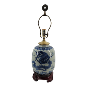Vintage Chinese Blue and White Dragon Porcelain Ginger Jar Table Lamp | Wood Base | Coin Finial
