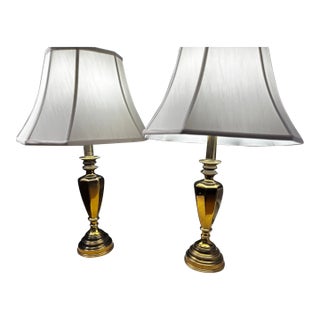 Vintage Chapman Solid Cast Brass Table Lamps Cp 55 06 With Original White Fabric Shades C512-Hy - Pair For Sale