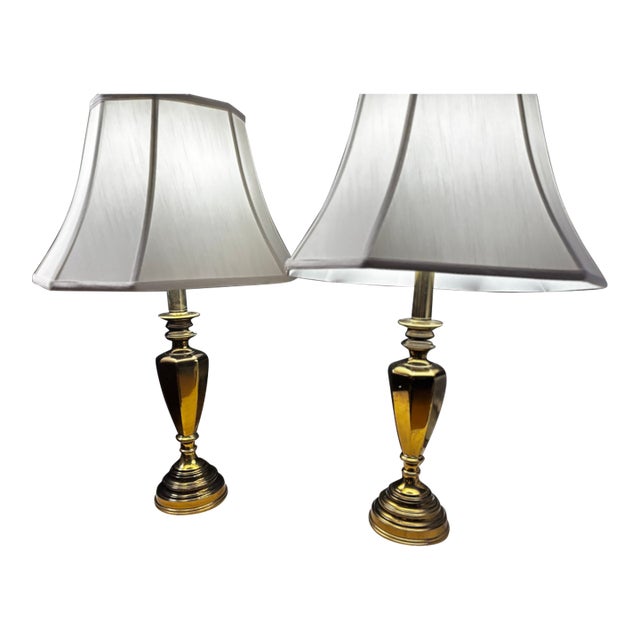 Vintage Chapman Solid Cast Brass Table Lamps Cp 55 06 With Original White Fabric Shades C512-Hy - Pair For Sale
