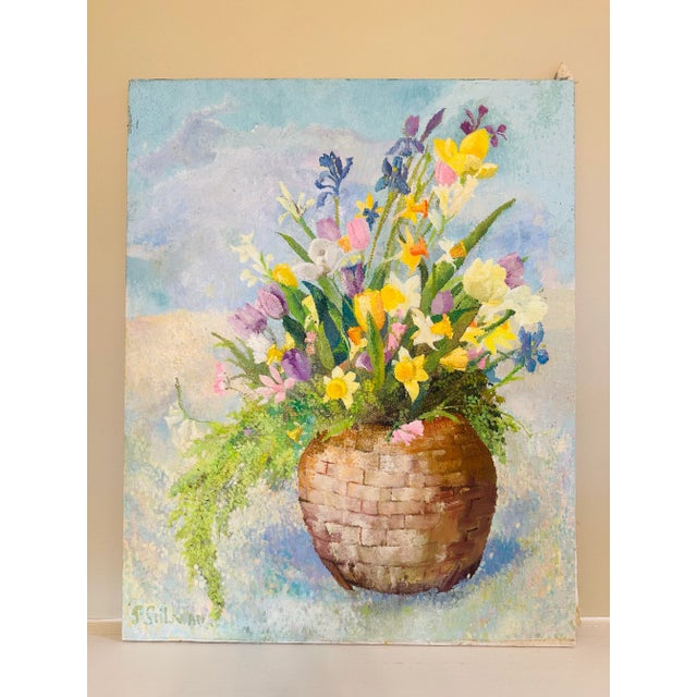Baby Blue Vintage Floral Oil on Canvas Painting For Sale - Image 8 of 8