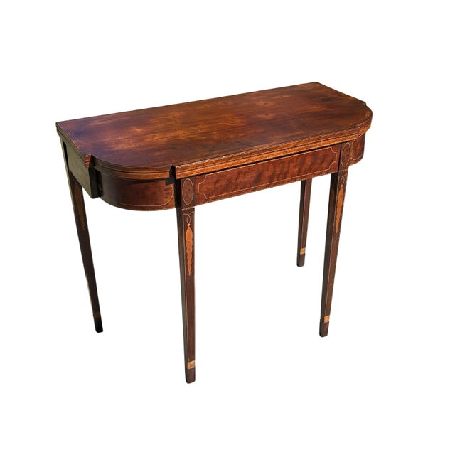 Baker Furniture Company 19th Century Federal Style Mahogany & Satinwood Inlaid Card Table – Antique Hepplewhite Flip-Top Game / Demilune Console Table For Sale - Image 4 of 14