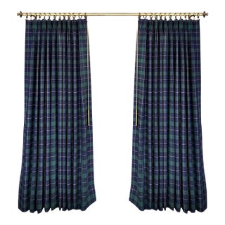 Tartan Plaid Wool Blend Two-Width Curtain Panels With Aged Brass Pole - A Pair For Sale