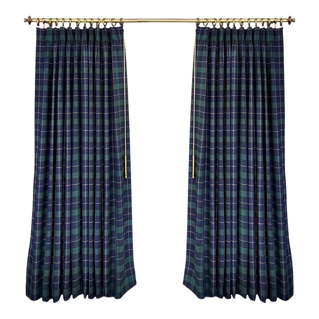 Tartan Plaid Wool Blend Two-Width Curtain Panels With Aged Brass Pole - A Pair For Sale
