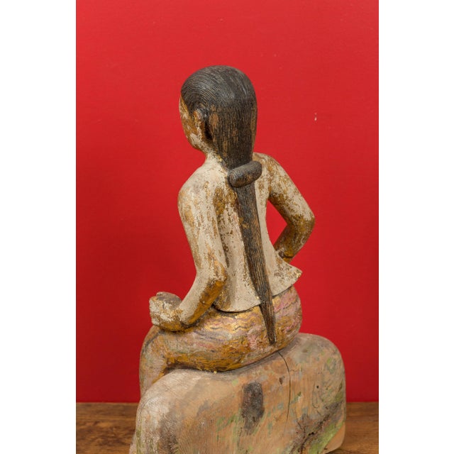 Wood Burmese 19th Century Hand Carved, Gilded and Painted Sculpture of a Seated Woman For Sale - Image 7 of 13