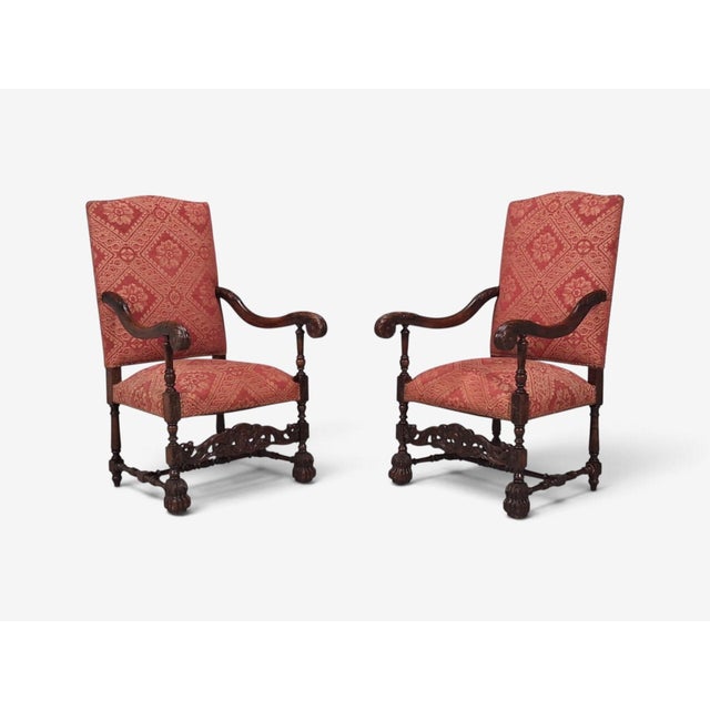 Baroque Style, Large Armchairs, Carved Wood, Red Damask, England, 1920s For Sale In New York - Image 6 of 16
