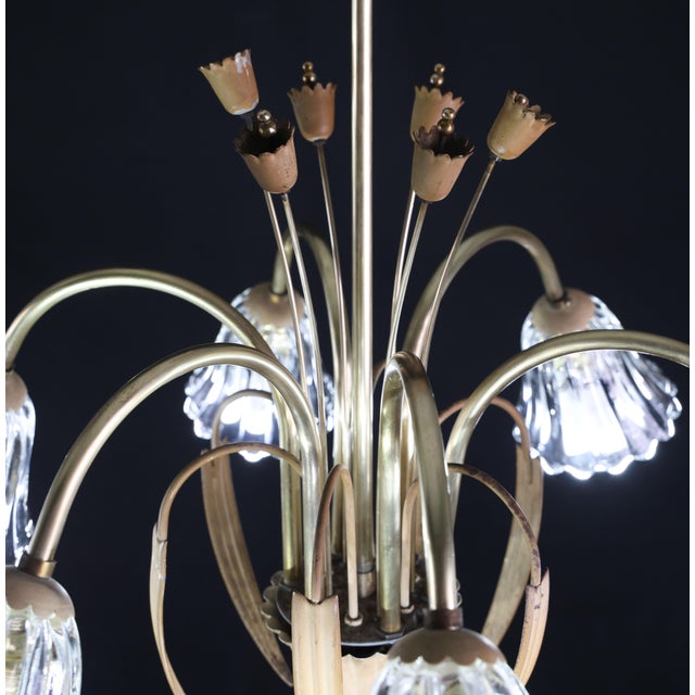 1950 Art Decò Murano Glass and Brass Chandelier, 6 Light For Sale - Image 11 of 18