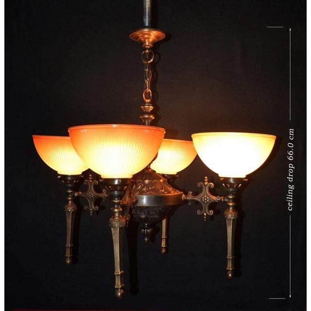 Mid-Century Modern Four-Light Bronze Chandelier with Holophane Prismatic Glass Shades, 1950s For Sale - Image 11 of 18