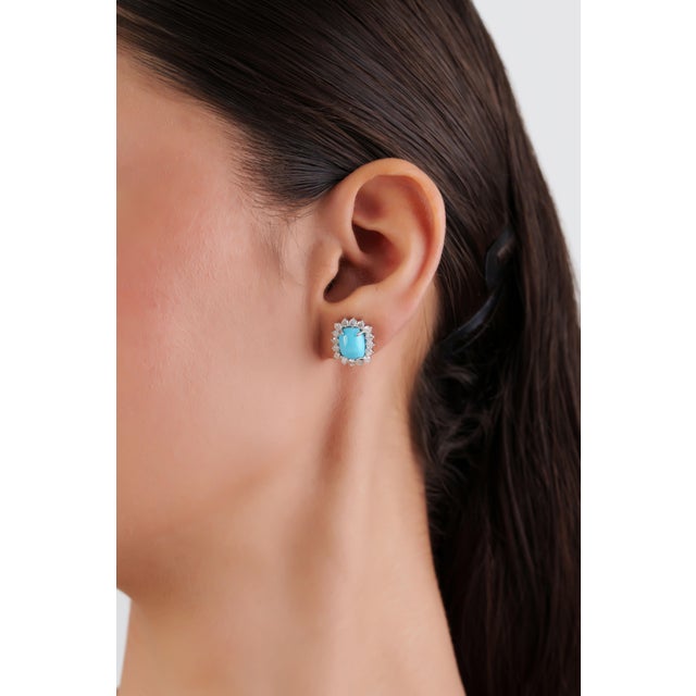 Art Deco Vintage Inspired 14k Gold 3.88ct Turquoise & Diamond Stud Earrings- A Pair For Sale - Image 3 of 14