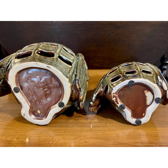 Vintage Japanese Mottled Glazed Stoneware Owl Candle Lanterns, 1970s, Set of 2 For Sale - Image 10 of 11